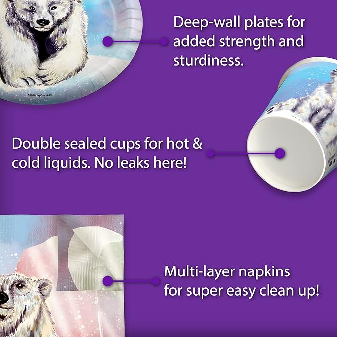 Polar Bear Birthday Party Supplies Set - Bear Party Supplies - Winter Celebrations Plates, Napkins, and Cups - Tableware Kit for 16