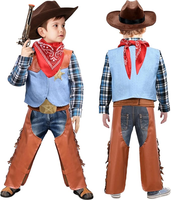 Kids Cowboy Costume for Boys Halloween Dress up Leather Western Outfit with Accessories for Role Play Party