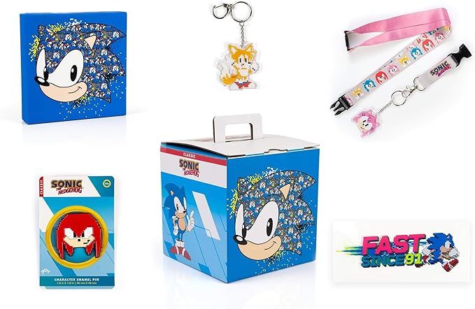 JUST FUNKY Sonic The Hedgehog Classic 90s Arcade Collector Looksee Mystery Surprise Box | 5 Themed Toy Collectibles | Lanyard, Pin, Wall Art & More
