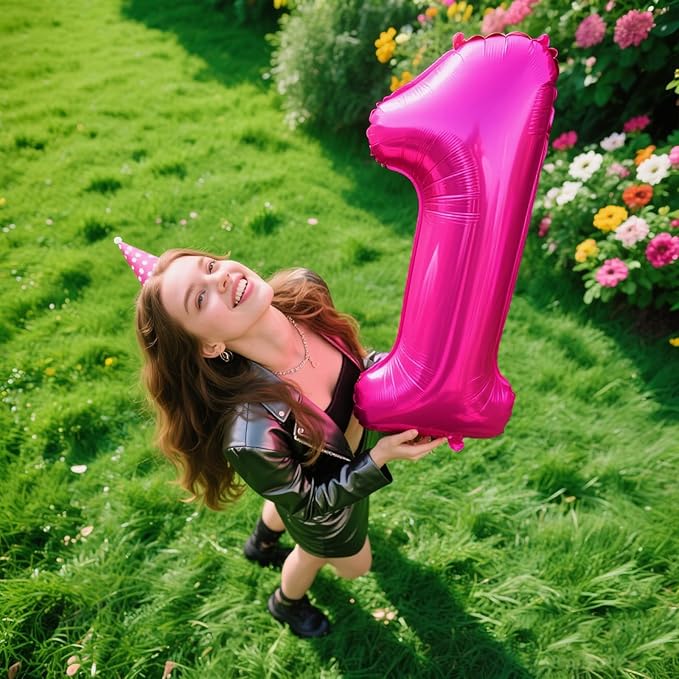 Hot Pink Number 1 Balloon 40 Inch,Rose Red Jumbo Giant Mylar Number 1,Foil Helium One Number Balloons, Balloons for 10 11 12 21st 100 Birthday Party Decorations Supplies Anniversary Celebration