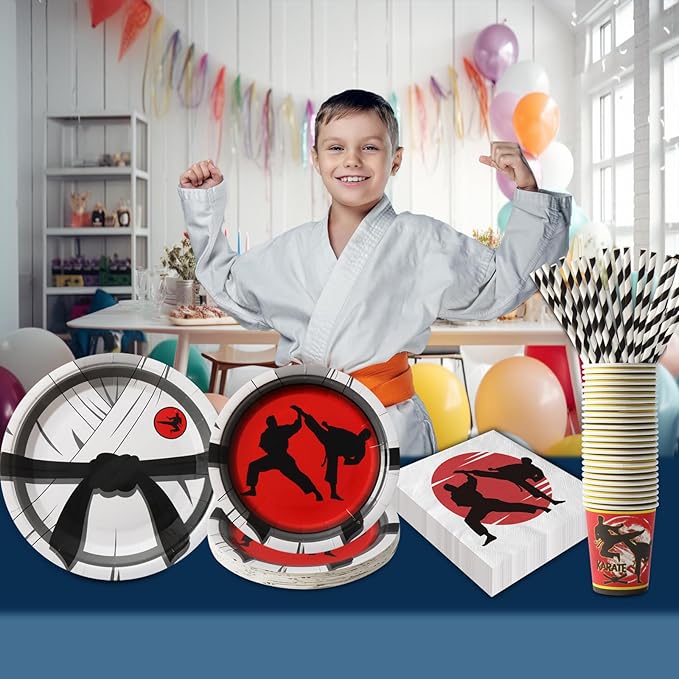 Karate Birthday Party Decorations, 120Pcs Karate Themed Party Supplies Disposable and Dynamic Tableware Includes Paper Plates, Napkins, Cups and Straws | Serves 24