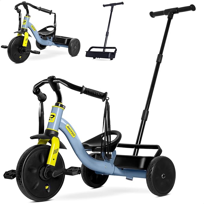 2-in-1 Tricycle for Toddlers Ages 1.5–3, Trike with Extended Push Handle, Removable Wagon-Style Basket, Adjustable Handlebar with Tassels, and Fore-AFT Adjustable Seat, Grey