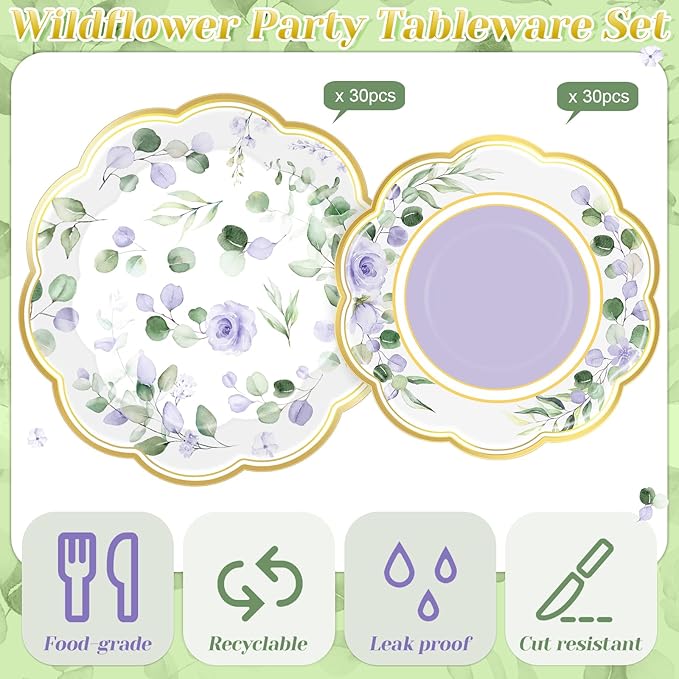 60 Pcs Eucalyptus Paper Plates 9 in and 7 in Purple Dessert Party Plates with Gold Rim Disposable Floral Shape Tableware for Wedding Birthday Party Baby Shower Bridal Shower