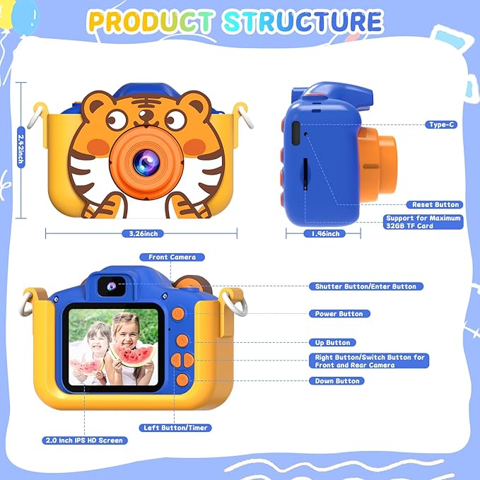 Kids Camera, Toddler Digital Camera, Tiger Dual Cameras, 1080P Video and Dual Cameras, 6 Kinds of Filters with 32GB SD Card, Christmas Birthday Present for 3 + Year Old Girls Boys