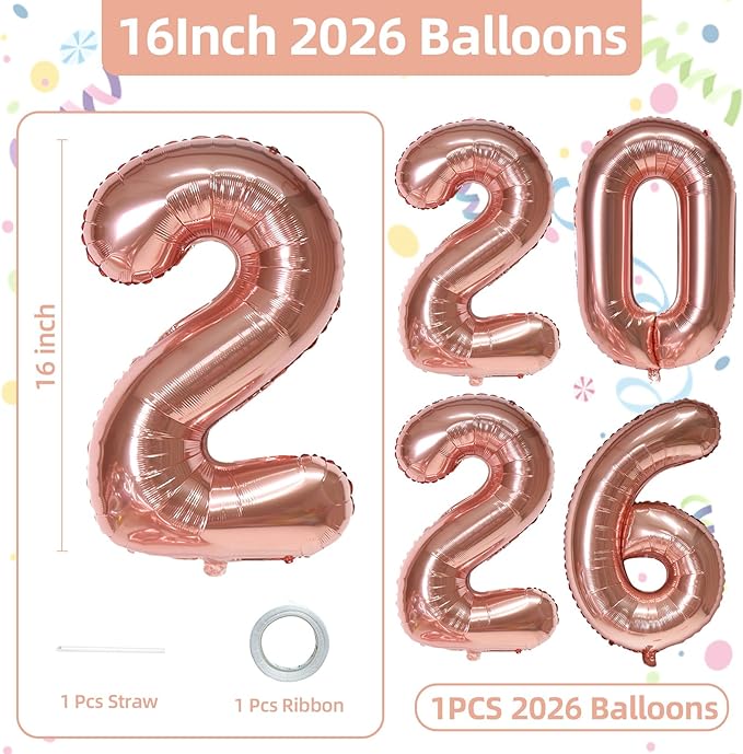 KALOR 16 Inch 2026 Rose Gold Foil Number Balloons, 2026 New Years Decorations for 2026 Happy New Year Eve and Graduations Party Supplies