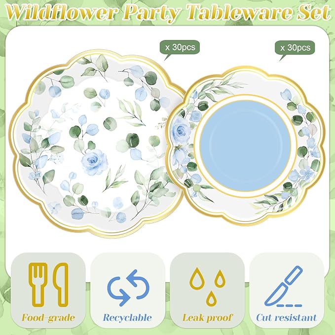 60 Pcs Eucalyptus Paper Plates 9 in and 7 in Blue Dessert Party Plates with Gold Rim Disposable Floral Shape Tableware for Wedding Birthday Party Baby Shower Bridal Shower