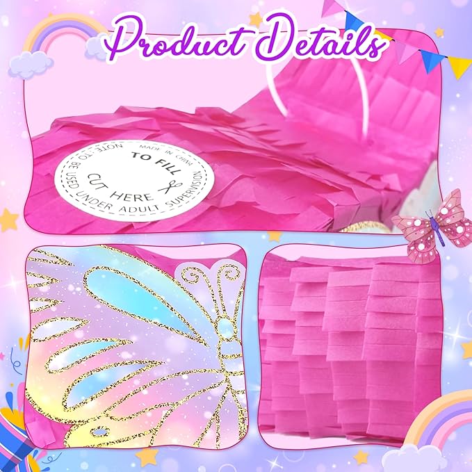 KiDEPOCH Butterfly Pinata for Birthday Party Supplies Colorful Pull String Butterfly Pinata for Girls Butterfly Themed Party Decoration, Small Pinata Party Supplies(16 x 12.6 x 4.2 In), Dark Pink