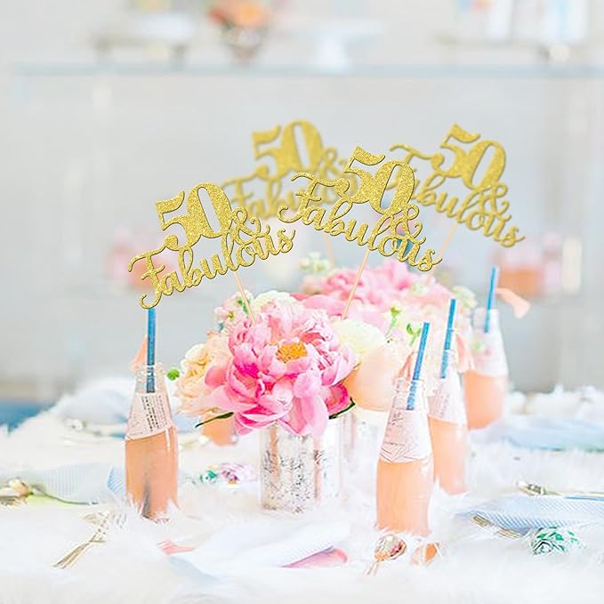 12 PCS 50 and Fabulous Centerpiece Sticks Double Sided Happy 50th Birthday Table Flower Centerpieces Sticks Cheers to 50 Floral Decorations for 50th Birthday Anniversary Party Supplies Gold