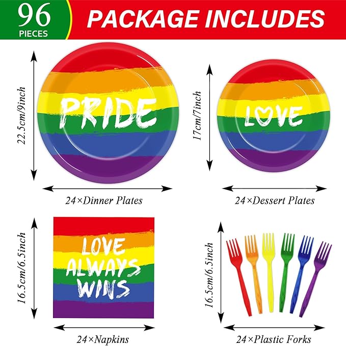 ZOIIWA 96PCS Pride Party Decorations Tableware Set Rainbow Party Supplies for 24 Guests Disposable LGBT Dinnerware Plates Napkins Forks for Rainbow Gay Pride Theme Favors