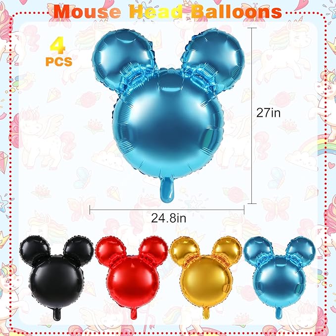 4 Pcs Bear Head Foil Balloons, 24'' Bear Mylar Balloon for Birthday Party Decorations Jumbo Aluminum Foil Balloons Party Favors Supplies (Black Red Blue Gold)