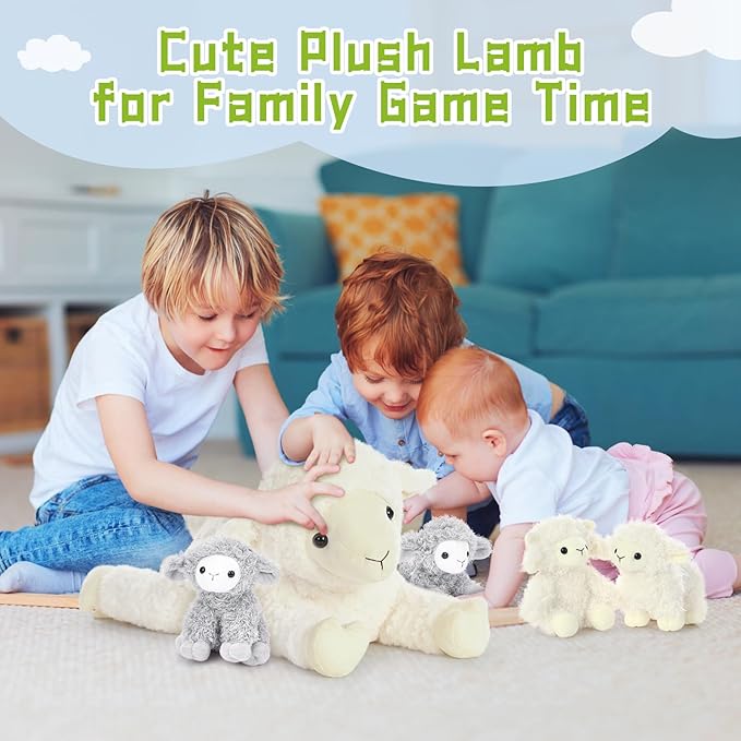5Pcs Lamb Stuffed Animal Set, Mommy Lamb Plush 20 Inch with 4 Baby Lambs in Her Zippered Tummy, Stuffed Sheep Plushie Toy for Girls Boys and Kids