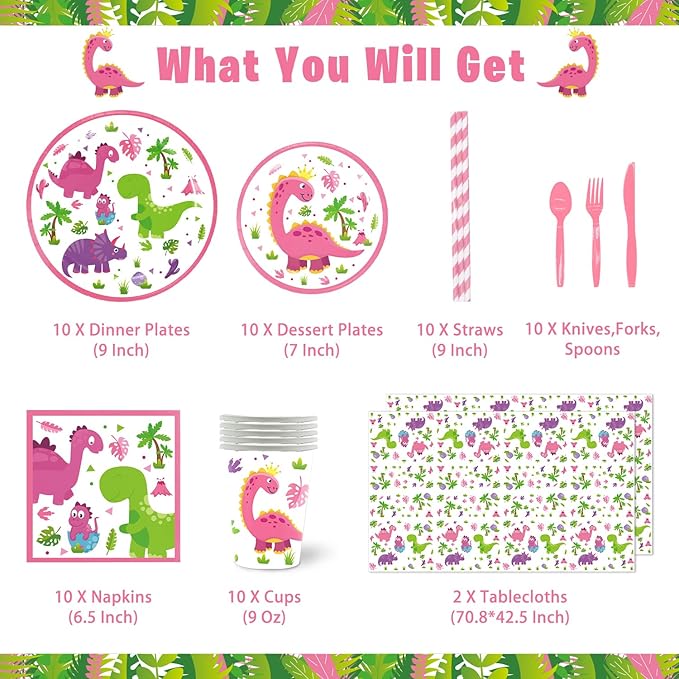 Girl Dinosaur Party Supplies, 206Pcs Pink Dinosaur Dino Themed Bday Party Decor Decorations for Girls - Backdrop, Banner, Tablecloth, Centerpieces, Plates, Stickers, Wall Signs