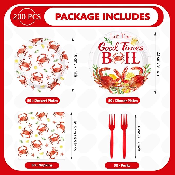 200Pcs Crab Party Decorations Crab Boil Plates and Napkins Red Crab Seafood Boil Disposable Tableware Sets for BBQ Picnic Cookout Gathering Carnival Birthday Party Supplies Serves 50