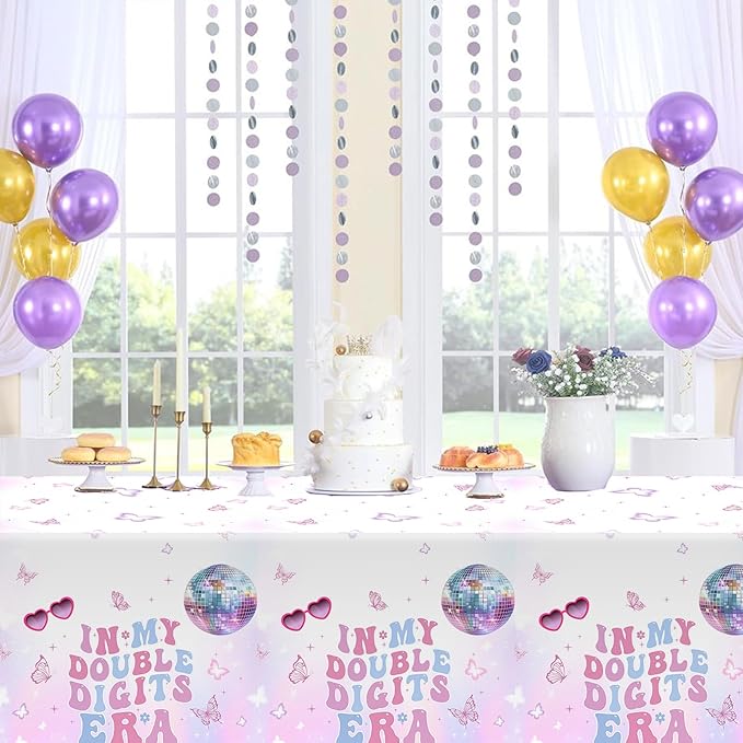 MEHOFOND 3 Pack 10th Birthday Tablecloth Decorations for Girls, in My Double Digits Birthday Plastic Disposable Table Cloth Purple Girl Music Disco Theme 10 Birthday Theme Table Cover Party Supplies