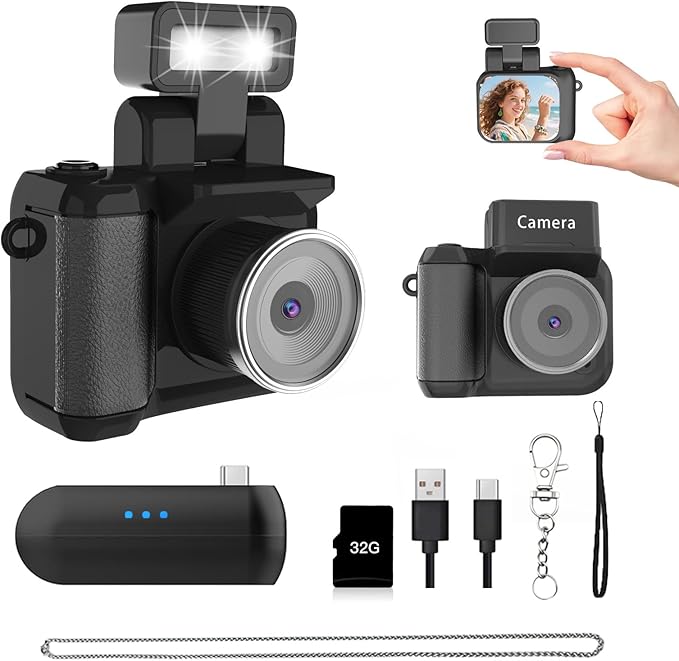 Mini Digital Camera 1080P, Tiny Keychain Camera with 1.4" Screen & LED Light, Y2K Vintage Point and Shoot Camera for Kids, Teens, Beginners (32GB SD Card Included)