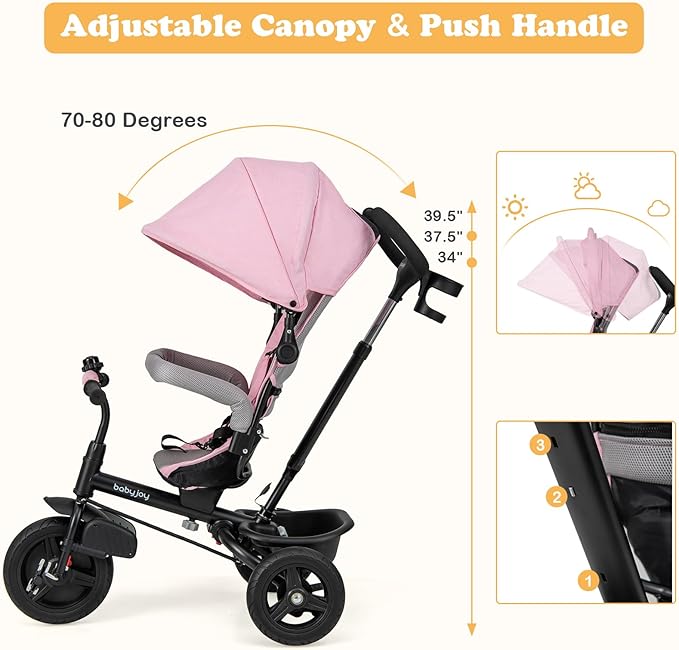 BABY JOY Tricycle, 6 in 1 Trike for Toddler w/Reversible Seat, Adjustable Canopy & Parent Handle, 5-Point Safety Belt, PU Wheels and Storage Basket, Push Tricycle for 9-60 Months (Pink)