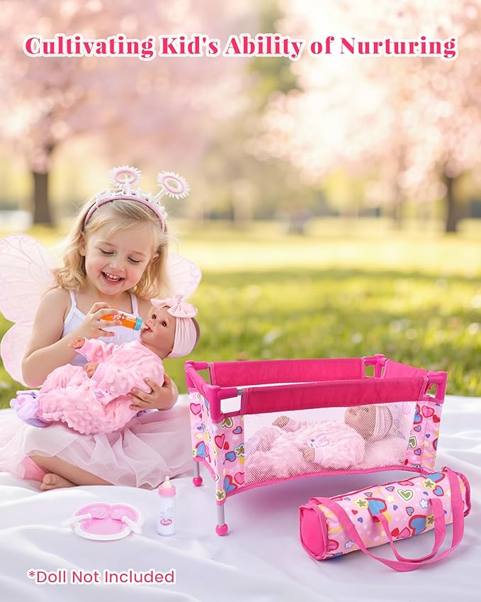 BABESIDE 7PCS Baby Doll Crib for 18'' Dolls, Baby Doll Bed with Storage Bag and Feeding Care Accessories Set , Doll Crib Doll Furniture for Girls Age 3+,Pretend Play Toy Gift for Kids Age 3+