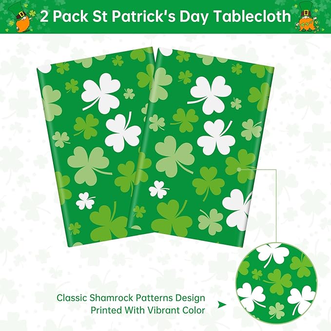 2 Pack St Patrick's Day Tablecloth - Green Shamrock Table Cloth, Plastic Disposable Rectangle Luck Irish Clover Table Cover for Saint Patrick Day Table Decorations and Party Decor, 108 x 54 Inch