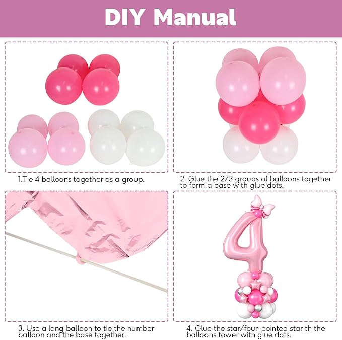 40 Inch Pink Number 4 Balloon for 4th Birthday Decoration Pastel Baby Pink Number Four Foil Balloon Tower Giant Large Digit Hot Pink White Helium Balloons Stack Stand for Girls Anniversary Party