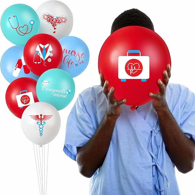 Skylety 48 Pieces Nurse Balloons 12 Inch Congrats Nursing Latex Balloons Bulk Party Decoration Supplies Nursing School Graduation Decoration for Happy Nurse Week Cna(Red, Blue and White)