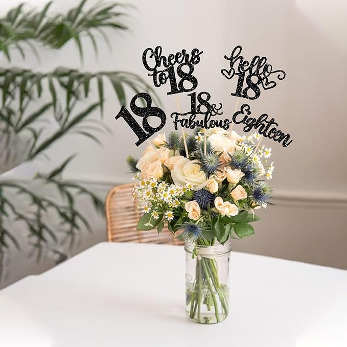 15PCS Happy 18th Birthday Centerpiece Sticks Hello 18 Cheers to 18 Birthday Table Flower Centerpieces Sticks Eighteen 18 Fabulous Floral Decorations for 18th Birthday Party Centerpieces Supplies Black