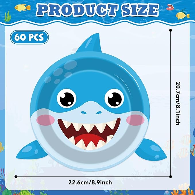 60pcs Ocean Animal Party Plates Shark Shaped Dessert Plates Party Supplies Under the Sea Tableware for Kids Boys Girls Birthday Preschool Underwater Shark Theme Baby Shower Party Decorations Favors 7"