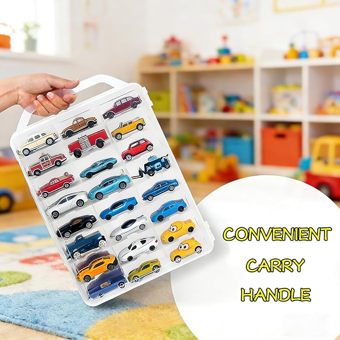 Double-Sided 1:64 Scale Toy Car Storage Case, 48-Slot Clear Organizer with Handle, Transparent Display & Storage Box Compatible with Most Die-Cast Model Cars (Case Only)