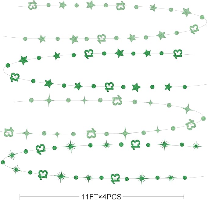 Green 13th Birthday Decorations Number 13 Circle Dot Star Garland Glitter Streamer Banner Backdrop for Girls Boys Official Teenager Cheers to 13 Years Old Birthday 13th Anniversary Party Supplies