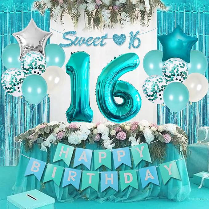 16th Birthday Decorations for Girl Teal - Sweet 16th Birthday Party Supplies Happy Birthday Banner Sweet 16th Sash Cake Topper Turquoise Fringe Curtain Number 16 Balloon for Sixteen Birthday Decor