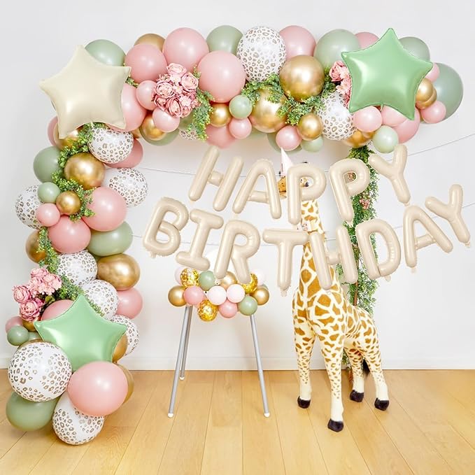29PC Cream Pink Leopard Happy Birthday Balloon Banner, 16Inch 3D Aluminum Letter Banner Sign, White Pink Cheetah Printed Balloons 18 Inch Green Star Foil Balloon for Forest Party Decorations