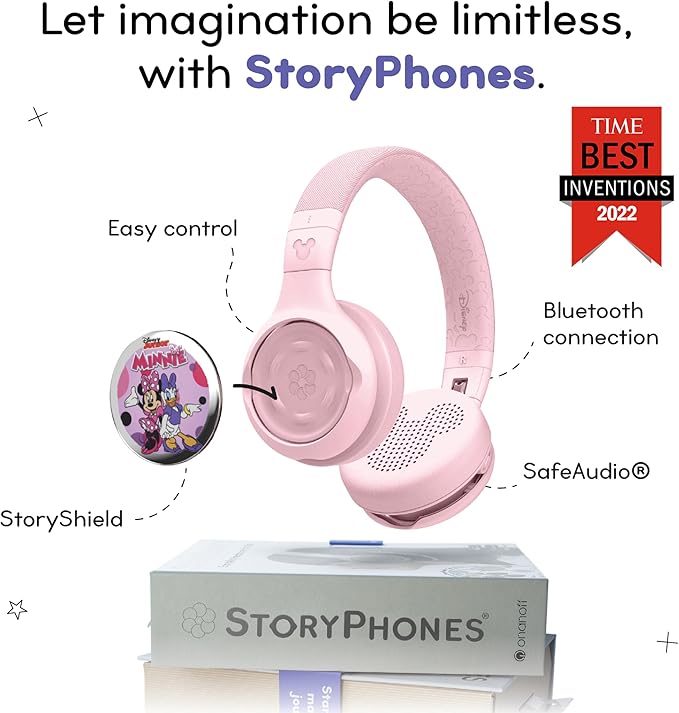 Disney Kids Bluetooth Foldable Headphones: Use Wired or Wireless for Travel, Education, and Screen-Free Entertainment | Includes Minnie Mouse StoryShield, Pink