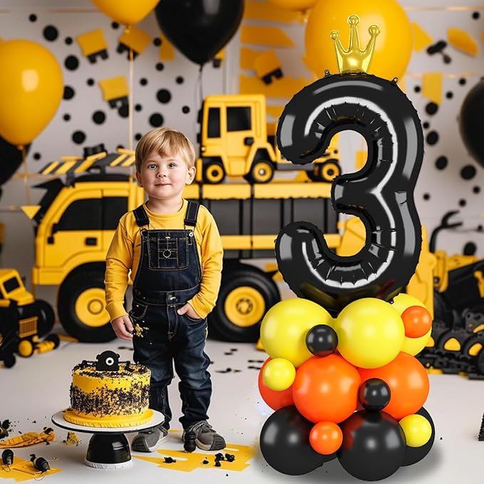 Black Number 3 Balloon 40 Inch Construction Number Three Foil Balloons Tower with Excavator Digger Truck for Boys Third 3rd Birthday Party Decorations Giant Large Digital Aluminum Balloons Stack