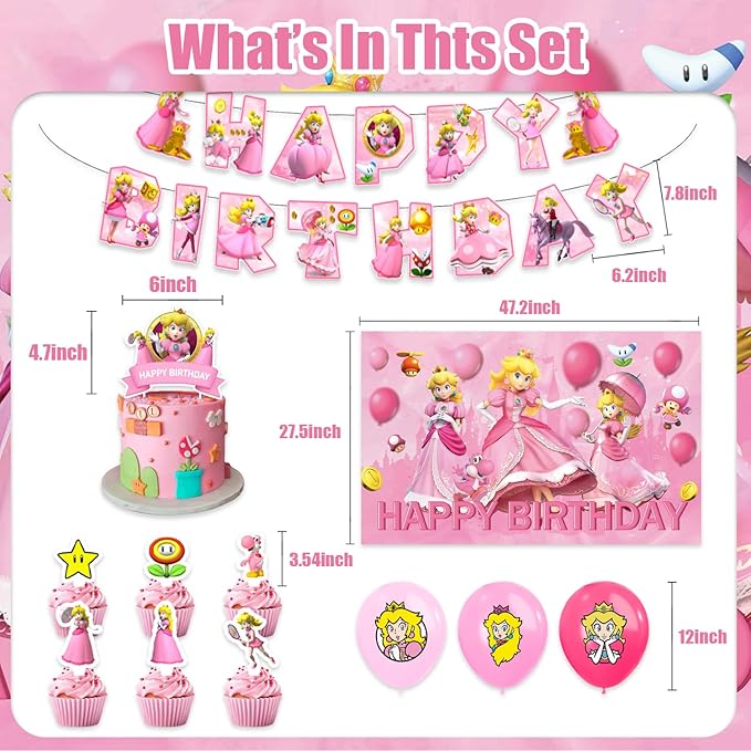 42pcs Princess Peach Birthday Party Supplies Pack Includes，Banner，Cake Topper，Blackdrop,Balloons for Princess Peach party supplies