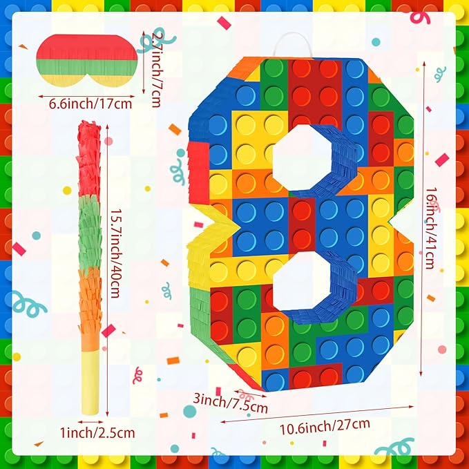 Number 8 Pinata with Blindfold and Bat Stick Building Block 8th Birthday Decorations for Kids Boys Girls Building Block Birthday Party Games Number Pinata for Fiesta