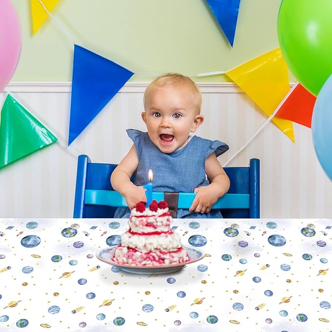 ZOIIWA 3 Piece First Trip Around The Sun Birthday Tablecloth 1st Space Birthday Plastic Disposable Outer Space Table Cover Solar System Table Decoration for Boho Sun Theme Party Baby Shower Supplies