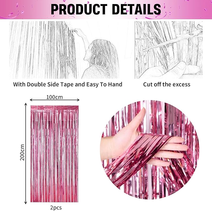 Pink Birthday Decorations for Girls, Hot Light Pink Balloon Garland Arch Kit Happy Birthday Banner Foil Curtain Heart Star Foil Party Balloons for Princess Party Decor
