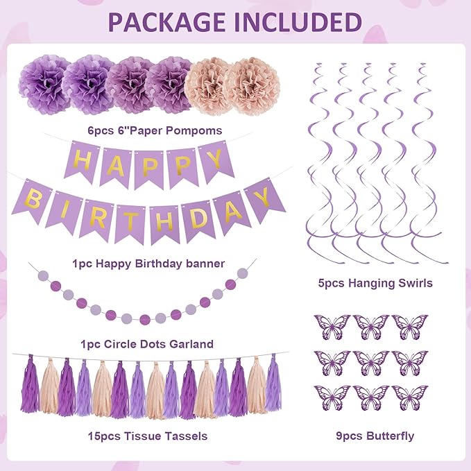 Dusty Purple Birthday Party Decorations, Lavender Pink Sand Confetti Rose Gold Balloons Happy Birthday Banner Fringe Curtains Butterfly Hanging Swirls Circle Dots Tassels Pompoms for Women Girls Party