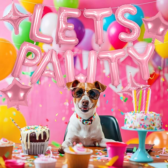 Lets Pawty Balloons Banner 16 Inch,Pink Dog Birthday Decorations with 4pcs 10 Inch Star Balloons,Paw Foil Letter Balloon for Dogs Paw Pet Puppy Theme Party Supplies