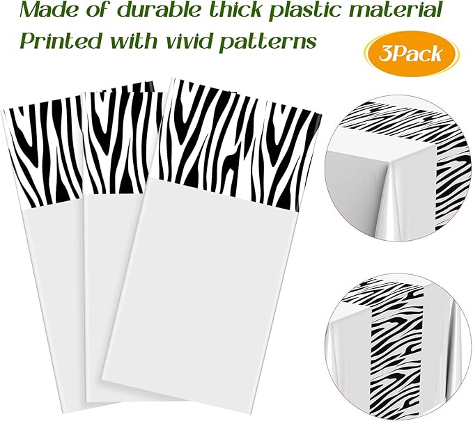 Buryeah 3 Pcs Zebra Tablecloth Zebra Print Plastic Table Cloth Disposable Tablecloth Animal Safari Table Cover 54 x 108'' for Baby Shower Wedding Birthday Party Decorations Supplies (White)