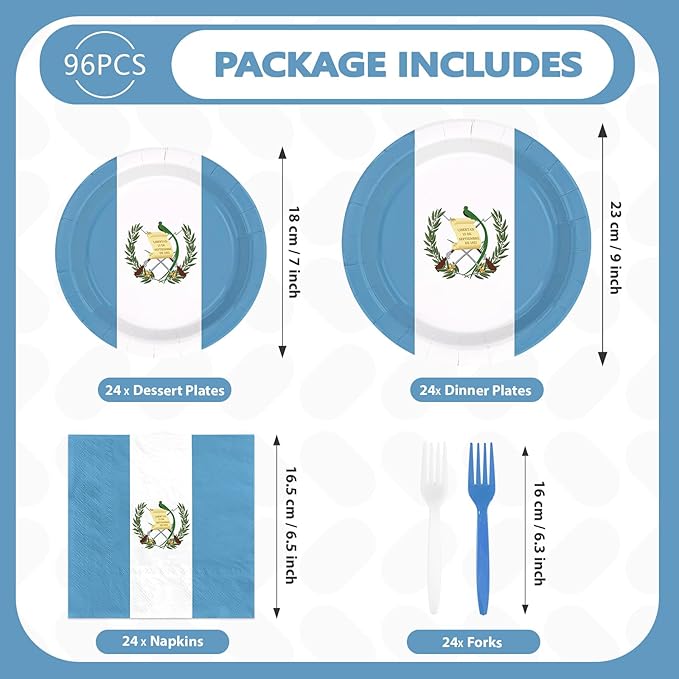 96Pcs Guatemala Flag Party Supplies Guatemalan National Flag Plates and Napkins White Blue Country Flags Tableware Set for School Sports Events Patriotic Festival Party Supplies，Serves 24