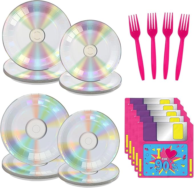 96 Pcs 90's Party Decorations Retro 90s Mix CD Plates and Napkins Disposable 1990s Disco Music Theme Tableware Set for Men Women 1990s 2000s Y2k Birthday Baby Shower Party Supplies Serves 24