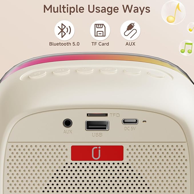 JYX Mini Karaoke Machine for Kids Adults, Portable Bluetooth Speaker with 2 Microphones, Support TF/AUX Input/4 Funny Magic Voice (Rainbow-1 Mic)