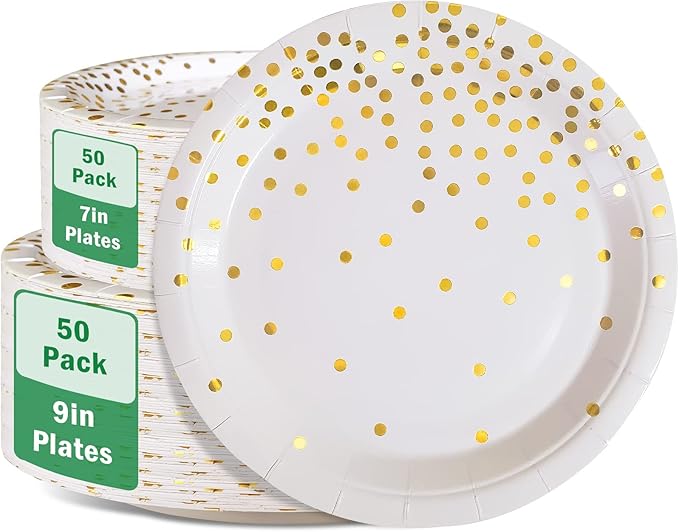 White and Gold Paper Plates Party Supplies,Disposable Gold Dot Paper Dessert Plates,100 Pack - 50 x 9 and 50 x 7 Birthday Plates for Wedding,Graduation