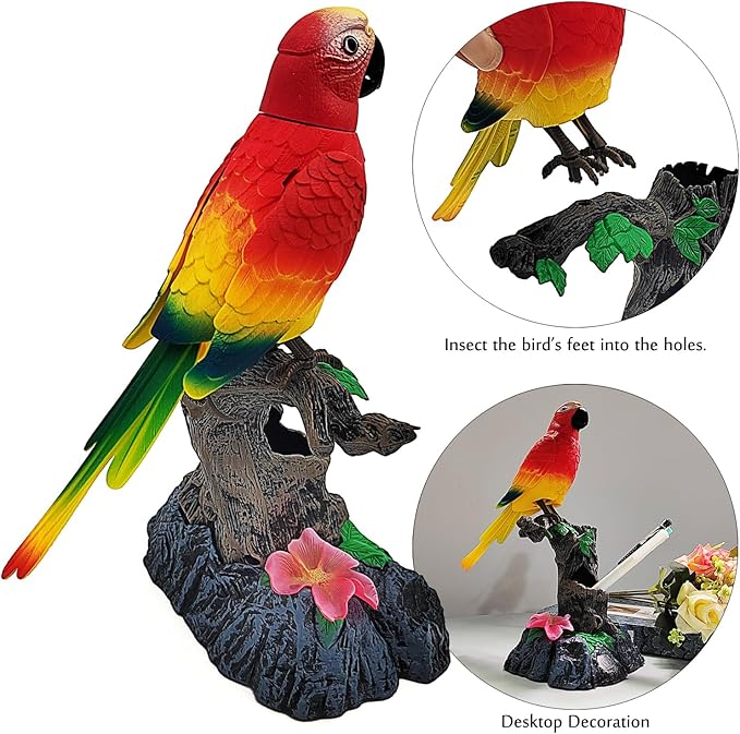 Tipmant Electronic Talking Parrots Realistic Eelectric Birds Toy Office Home Wall Room Table Decoration Recoarding Voice & Playback Kids Toys Birthday Gifts (Red)