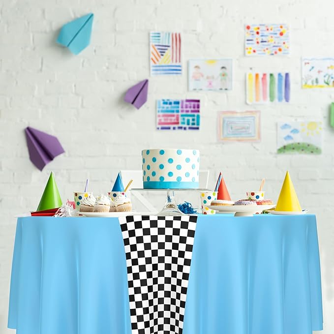 Oudain 6 Pcs Cars Birthday Party Supplies Racing Party Decorations Round Racing Tablecloth Checkered Flag Table Covers Road Plastic Table Cloth, 1950s Disco Dancing Party Tablecloth (Light Blue)