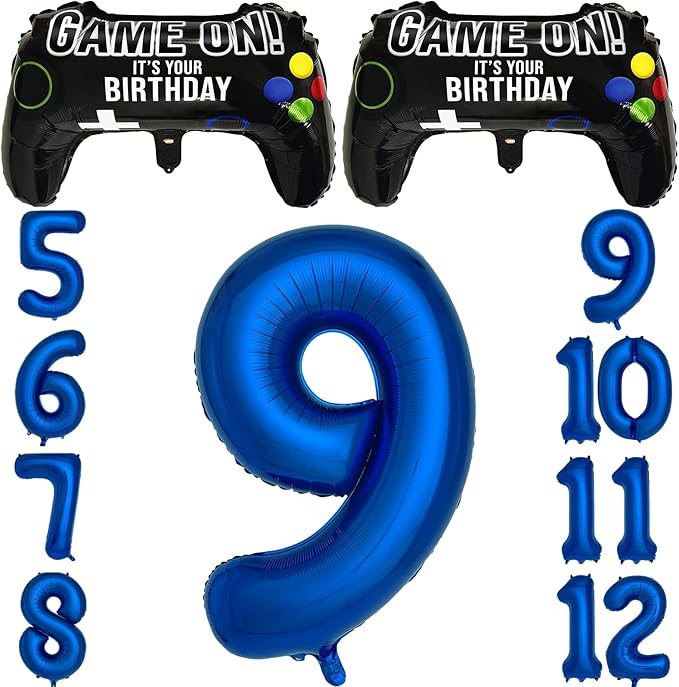 Navy Blue Video Game Party Supplies Boys 9th Birthday Party Decorations- 2 Packs Game On Balloons with Dark Blue Number 9 Balloon