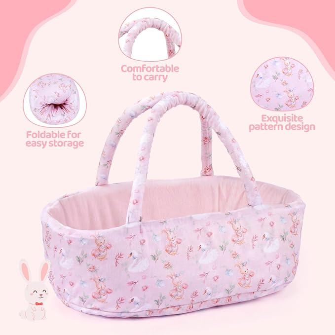 BABESIDE 8 Pcs Baby Doll Clothes Set with Bassinet for 12-15 Inch Dolls, Cute Bunny Baby Doll Clothes and Accessories with Bunny Toy, Feeding Bottle – Babydoll Accessories for Gilrs
