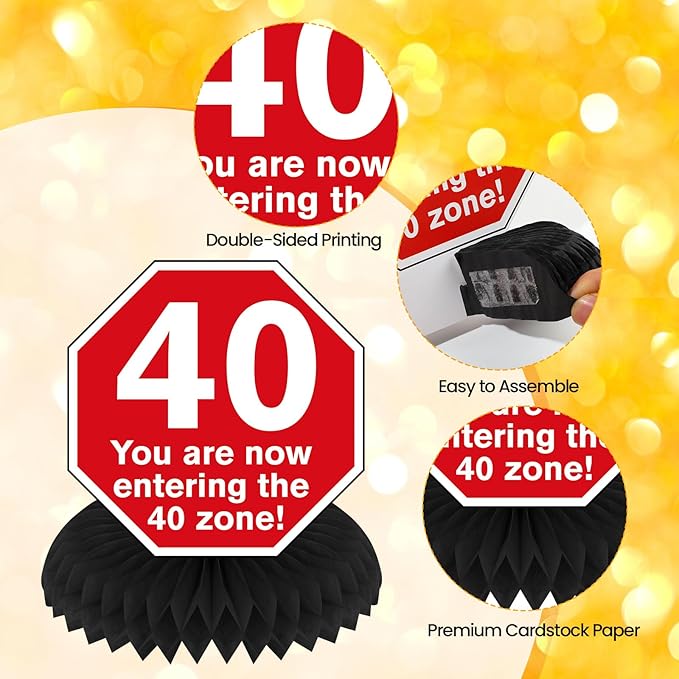Funny 40th Birthday Decorations 9Pcs 40th Birthday Honeycomb Centerpieces for Adults 40 Years Old Party Decor, Cheers to 40 Years Party Banner Table Topper Caution Logos Sign for Men Women
