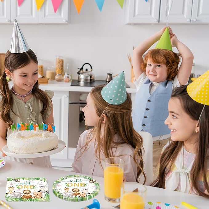 40PCS Wild One Birthday Decorations First Birthday Party Jungle Animal Safari Baby Shower Woodland themed Tableware Set Include Paper Plates, Napkins for Boys 1st Kids Wild One Party Supplies