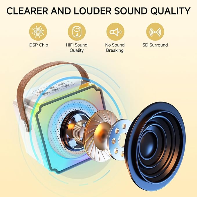 Mini Karaoke Machine for Kids and Adults,Portable Bluetooth Karaoke Speaker with 2 Wireless Microphones, Kids Karaoke Machine for Home Party,Birthday Gifts for Girls Boys（Beige）